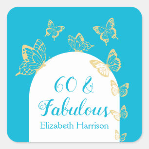 Sticker Carré Papillons bleu or moderne Fabuleux anniversaire