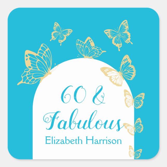 Sticker Carré Papillons bleu or moderne Fabuleux anniversaire (Devant)