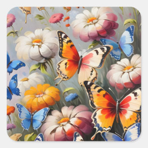 Sticker Carré Papillons colorés dans le jardin