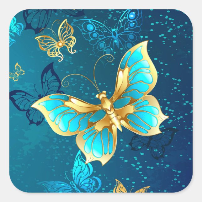 Sticker Carré Papillons d'or sur un Arrière - plan bleu (Devant)