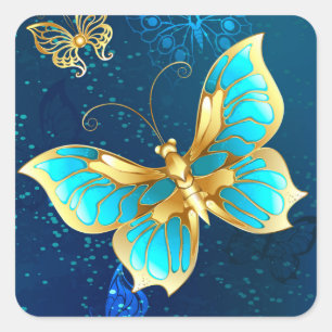 Sticker Carré Papillons d'or sur un Arrière - plan bleu