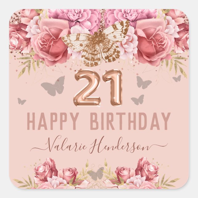Sticker Carré Papillons floraux rose heureux 21e anniversaire (Devant)