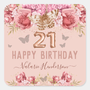 Sticker Carré Papillons floraux rose heureux 21e anniversaire