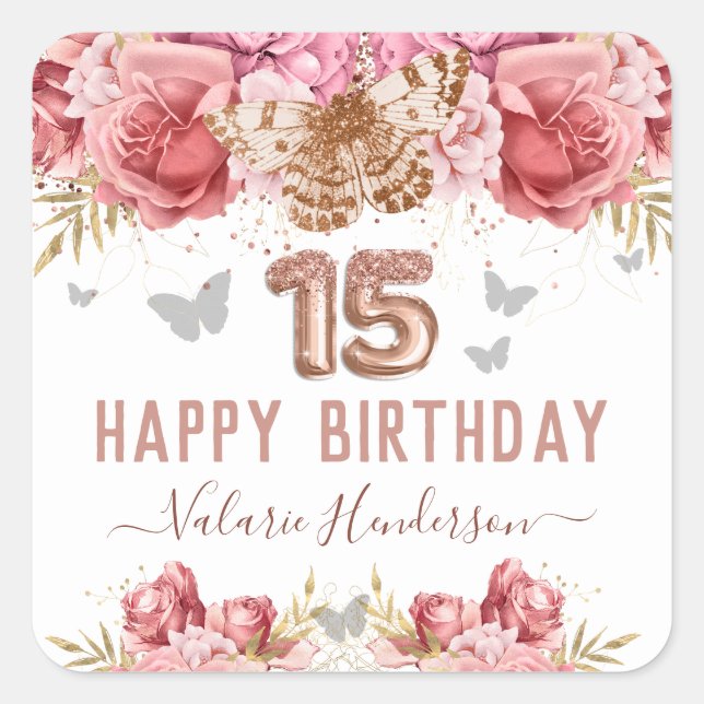 Sticker Carré Papillons floraux rose joyeux 15e anniversaire Squ (Devant)