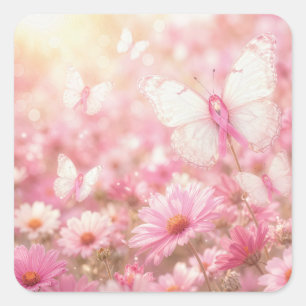 Sticker Carré Papillons Ruban Rose dans un Jardin