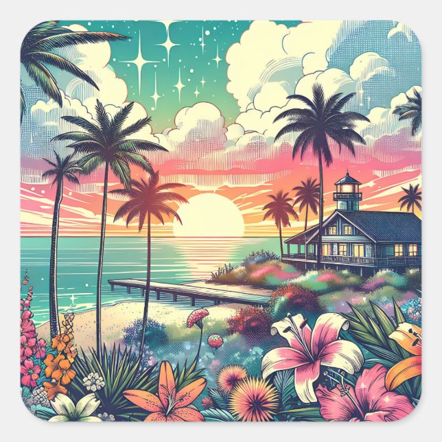 Sticker Carré Paradis rose et turquoise | Art de la plage (Devant)