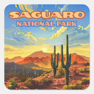 Sticker Carré Parc national du Saguaro Arizona Désert Cactus Rét