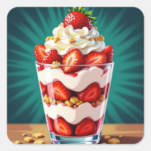 Sticker Carré Parfait aux fraises, granola et crème fouettée