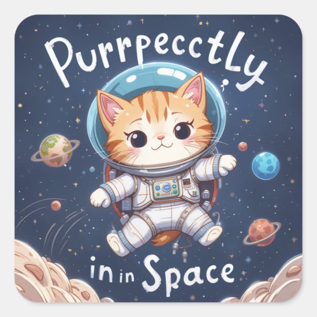 Sticker Carré Parfaitement dans l'astronaute de chat spatial Cut (Devant)