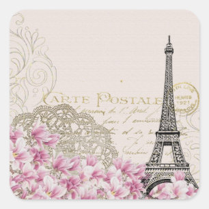 Sticker Carré Paris France Tour Eiffel avec Fleurs Roses
