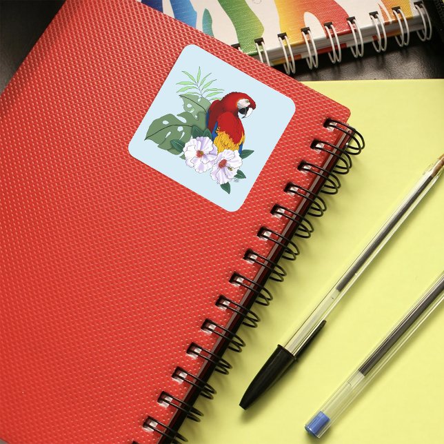 Sticker Carré Parrot floral rouge Macaw Tropical Bird (Créateur téléchargé)