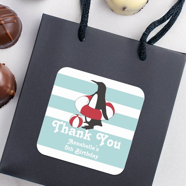 Sticker Carré Parti Anniversaire de enfant Merci de Pingouin ble (Créateur téléchargé)