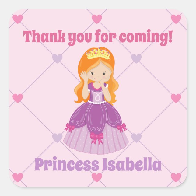 Sticker Carré Parti Anniversaire de enfant rose princesse à tête (Devant)