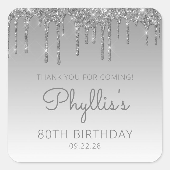 Sticker Carré Parties scintillant argent goutte 80e anniversaire (Devant)