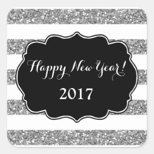 Sticker Carré Parties scintillant Argent raypes Bonne année 2017