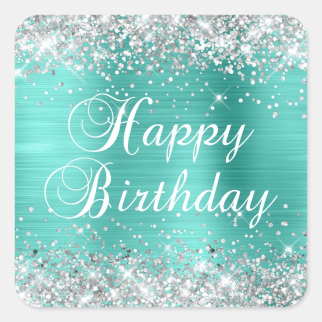 Sticker Carré Parties scintillant Argent Turquoise Joyeux annive (Devant)