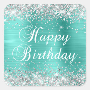Sticker Carré Parties scintillant Argent Turquoise Joyeux annive