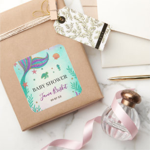 Sticker Carré Parties scintillant Baby shower sirène Turquoise