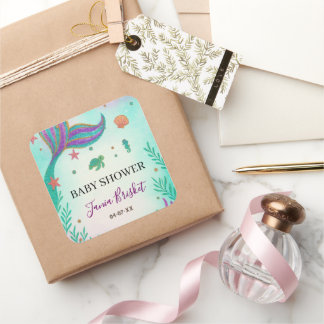 Sticker Carré Parties scintillant Baby shower sirène Turquoise