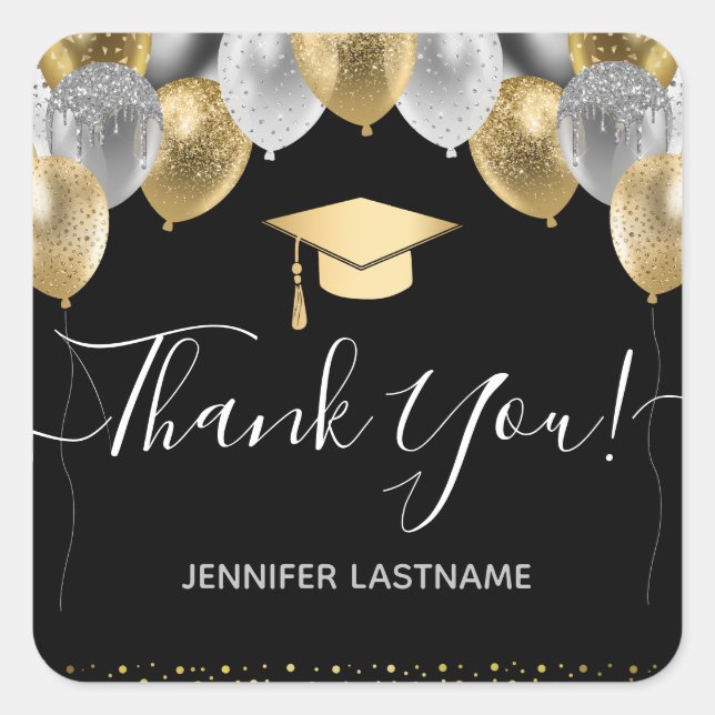 Sticker Carré Parties scintillant Ballons Graduation Party Merci (Devant)