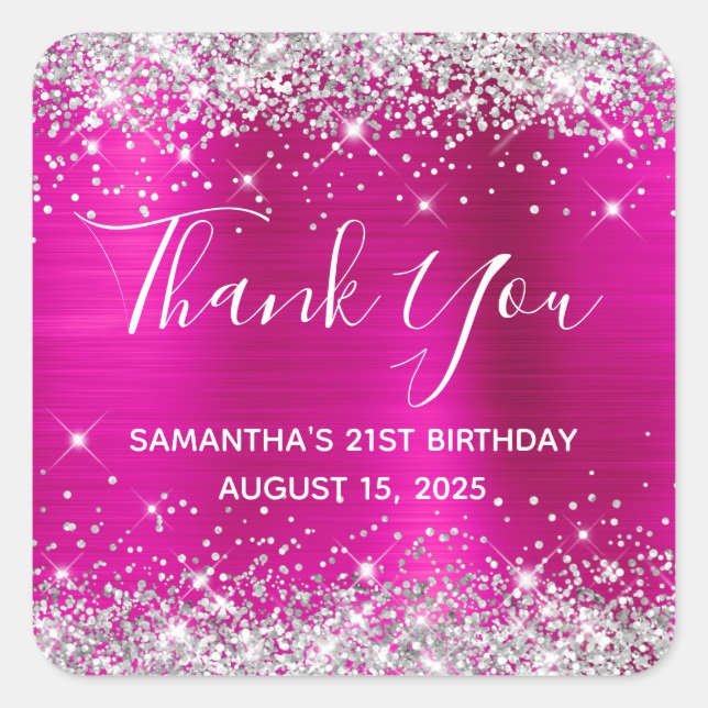 Sticker Carré Parties scintillant d'argent rose chaud 21e annive (Devant)