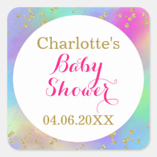 Sticker Carré Parties scintillant d'or Unicorne couleur Baby sho