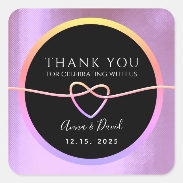 Sticker Carré Parties scintillant Merci Mariage rose et noir (Devant)