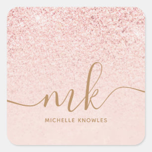 Sticker Carré Parties scintillant or Rose tendance Initiales fan