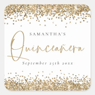 Sticker Carré Parties scintillant Or tendance Nom Date Quinceañ