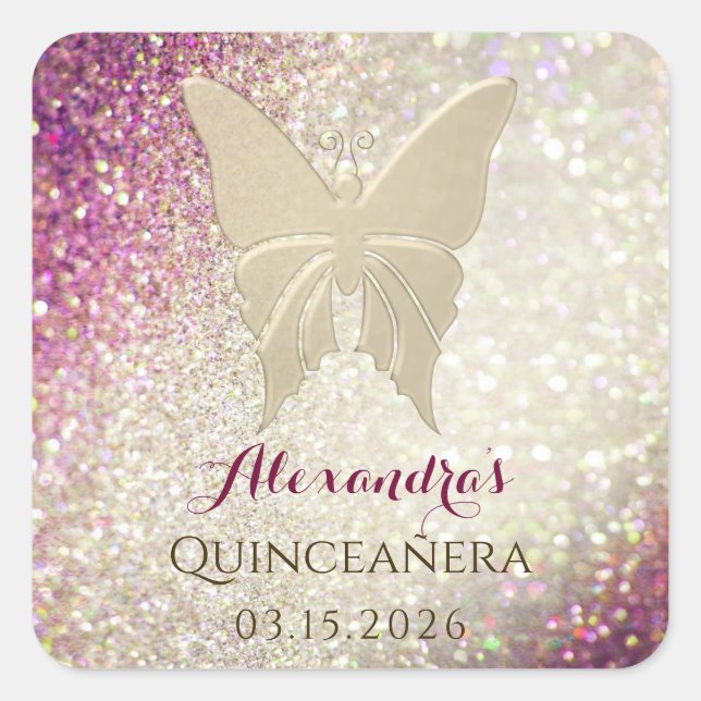 Sticker Carré Parties scintillant Quinceanera rose et or Anniver (Devant)