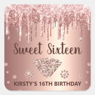 Sticker Carré Parties scintillant rose à goutte d'or & Diamond 