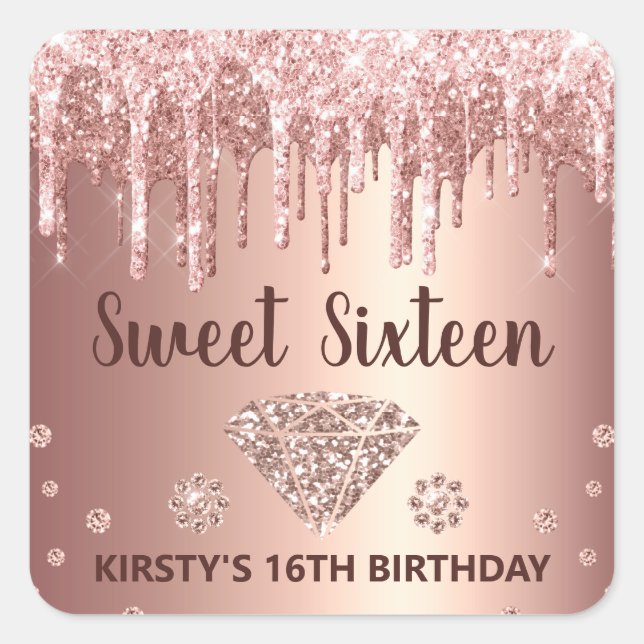 Sticker Carré Parties scintillant rose à goutte d'or & Diamond S (Devant)