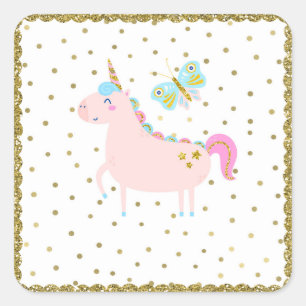 Sticker Carré Parties scintillant rose et or Unicorn Girls Birth