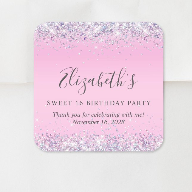 Sticker Carré Parties scintillant rose sucré 16 Anniversaire Mer (Créateur téléchargé)