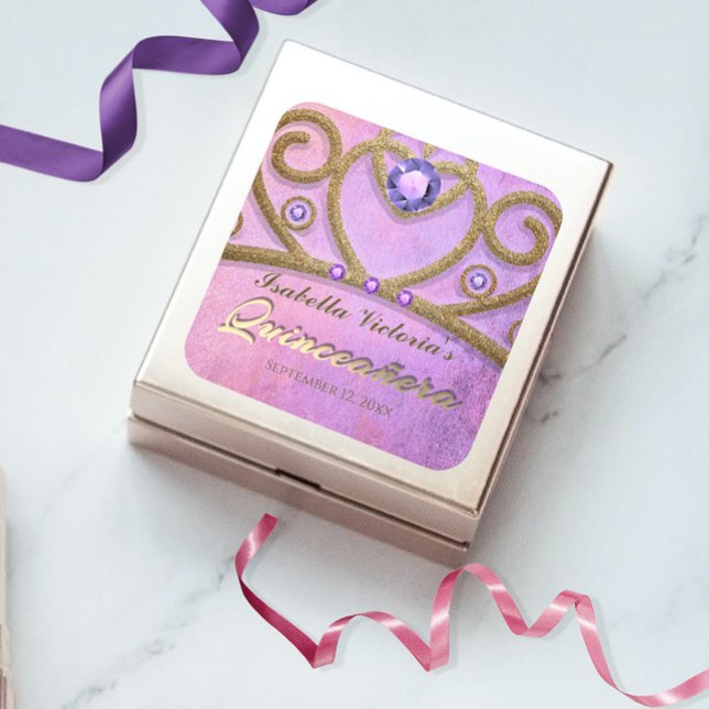 Sticker Carré Parties scintillant rose violet or bijoux Tiara Qu (Créateur téléchargé)