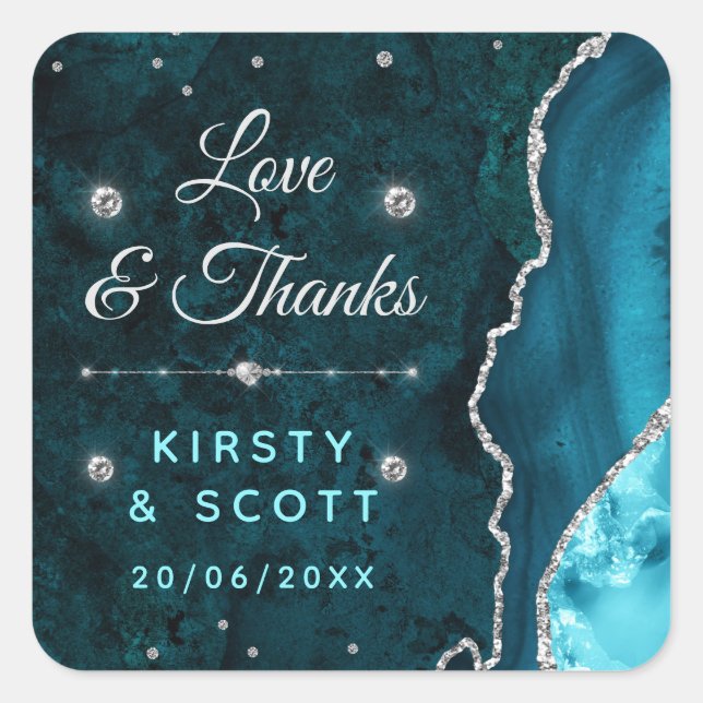 Sticker Carré Parties scintillant turquoise et argent Agate et M (Devant)