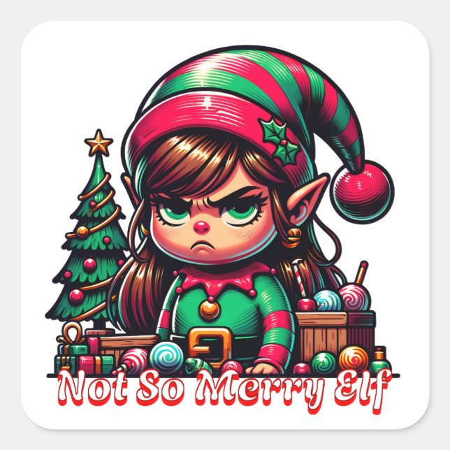 Sticker Carré Pas très joyeux elf de Noël (Devant)