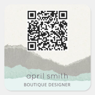 Sticker Carré Pastel Aqua Kraft Mountain Wave Torn Edge QR Code