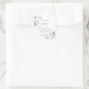 Sticker Carré Pastel Aquarelle Cactus Baby shower rose