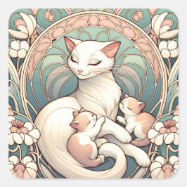 Sticker Carré Pastel Art Nouveau Mère Chat et chatons