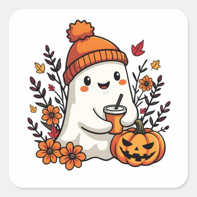 Sticker Carré Pastel Automne Kawaii Fantôme Automne Citrouille É (Devant)