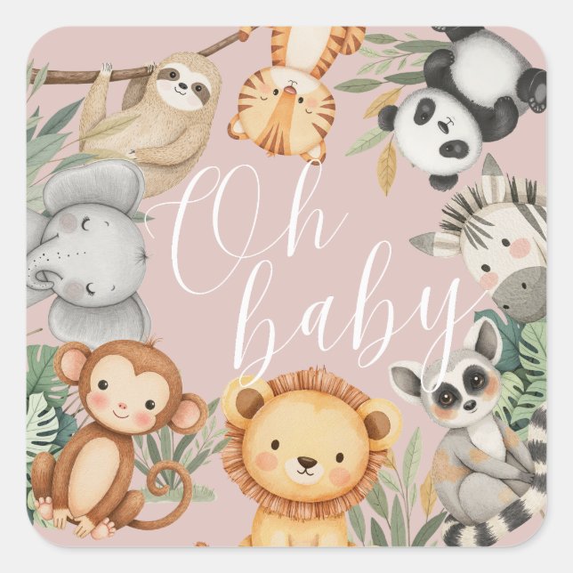Sticker Carré Pastel baby shower tropical Jungle Safari Animaux (Devant)
