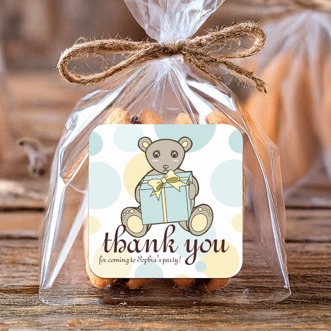 Sticker Carré Pastel Blue and Yellow Cute Teddy Bear Merci (Créateur téléchargé)