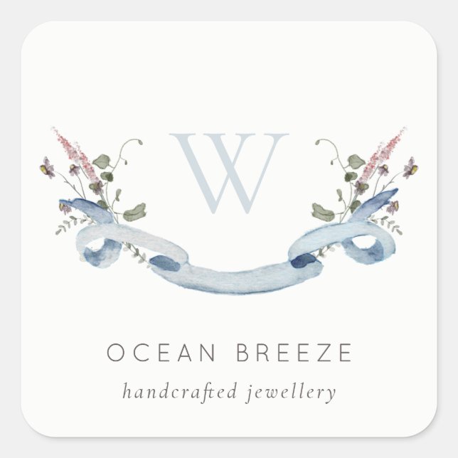Sticker Carré Pastel Blue Fleur sauvage aquarelle ruban monogram (Devant)