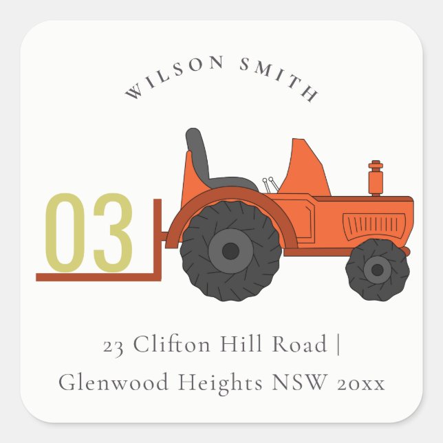 Sticker Carré Pastel Cute Red Rust Farm Tractor Kids Adresse (Devant)