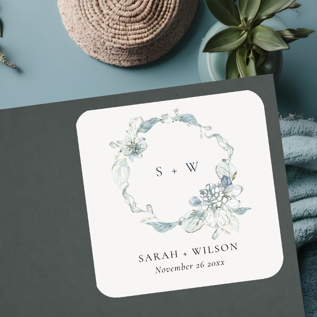 Sticker Carré Pastel Dusky Blue Floral Wreath Mariage Monogramme (Créateur téléchargé)