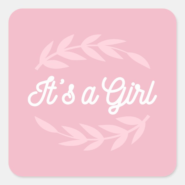 Sticker Carré Pastel feuilles roses - C'est une fille (Devant)