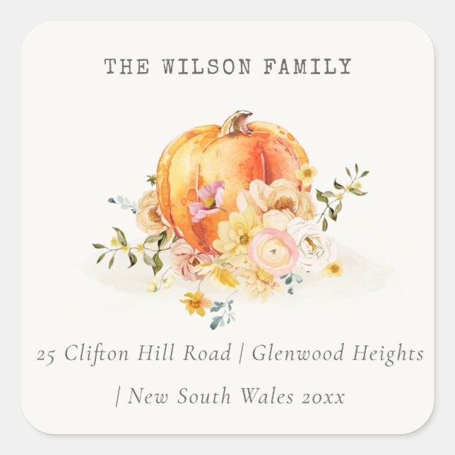 Sticker Carré Pastel Soft Floral Citrouille Thanksgiving Adresse (Devant)