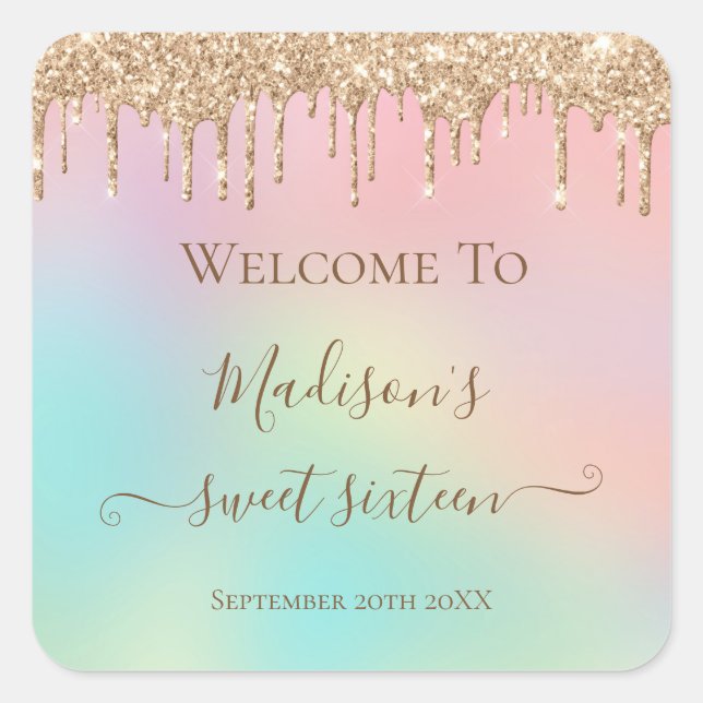 Sticker Carré Pastel Unicorn Dripping Gold Parties scintillant S (Devant)