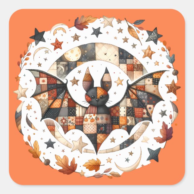 Sticker Carré Patchwork Chat d'Halloween aux couleurs d'automne (Devant)